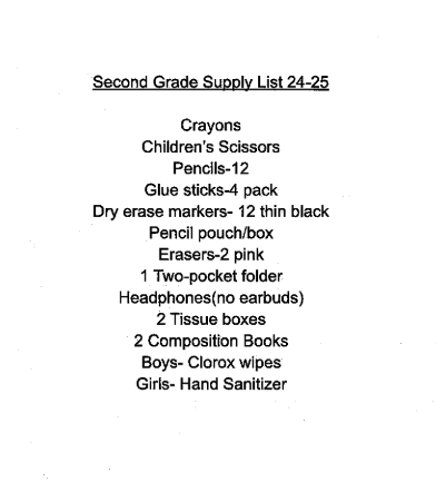 2nd Grade School Supply List